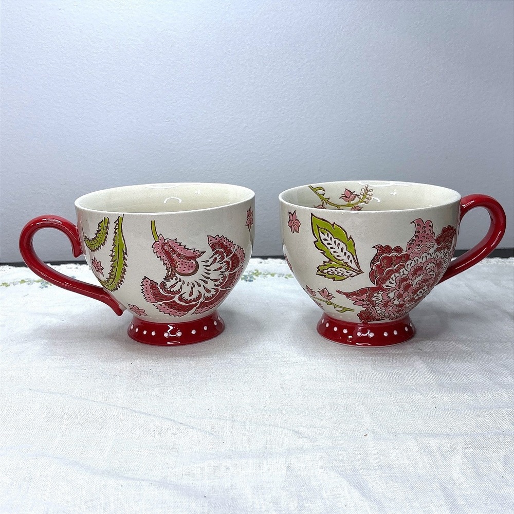 Tabletops Gallery Maly Floral Paisley Red Polka Dot Footed Mugs Set of 2 Large